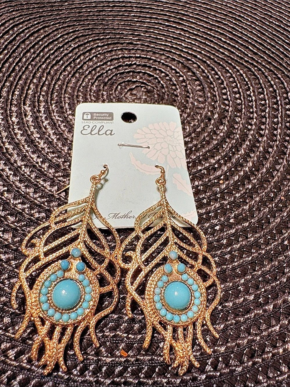 Ella Peacock Feather Turquoise Earrings Gold & Blue NWT